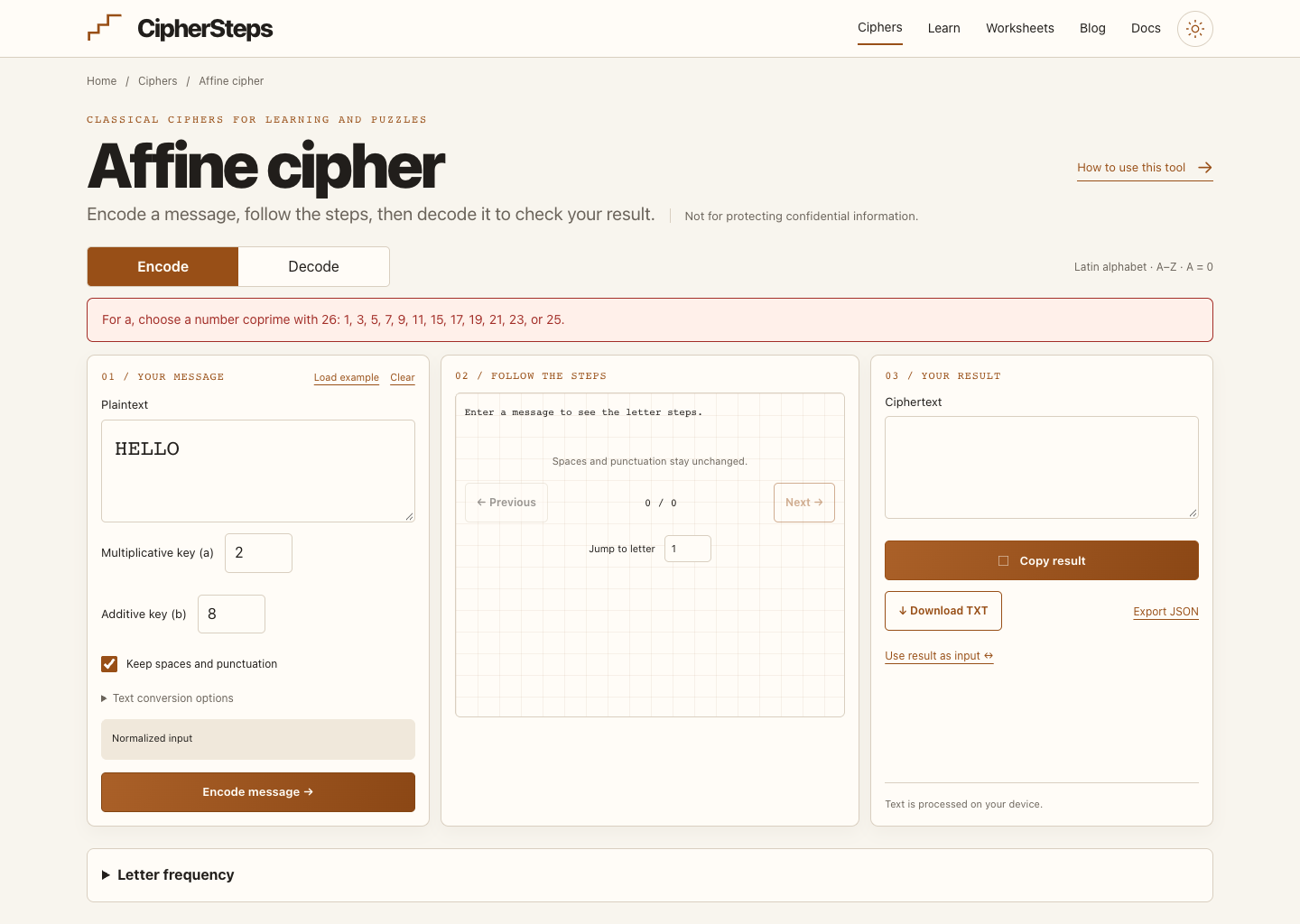 Affine tool with HELLO and a = 2, showing an error that lists the valid multiplicative keys.