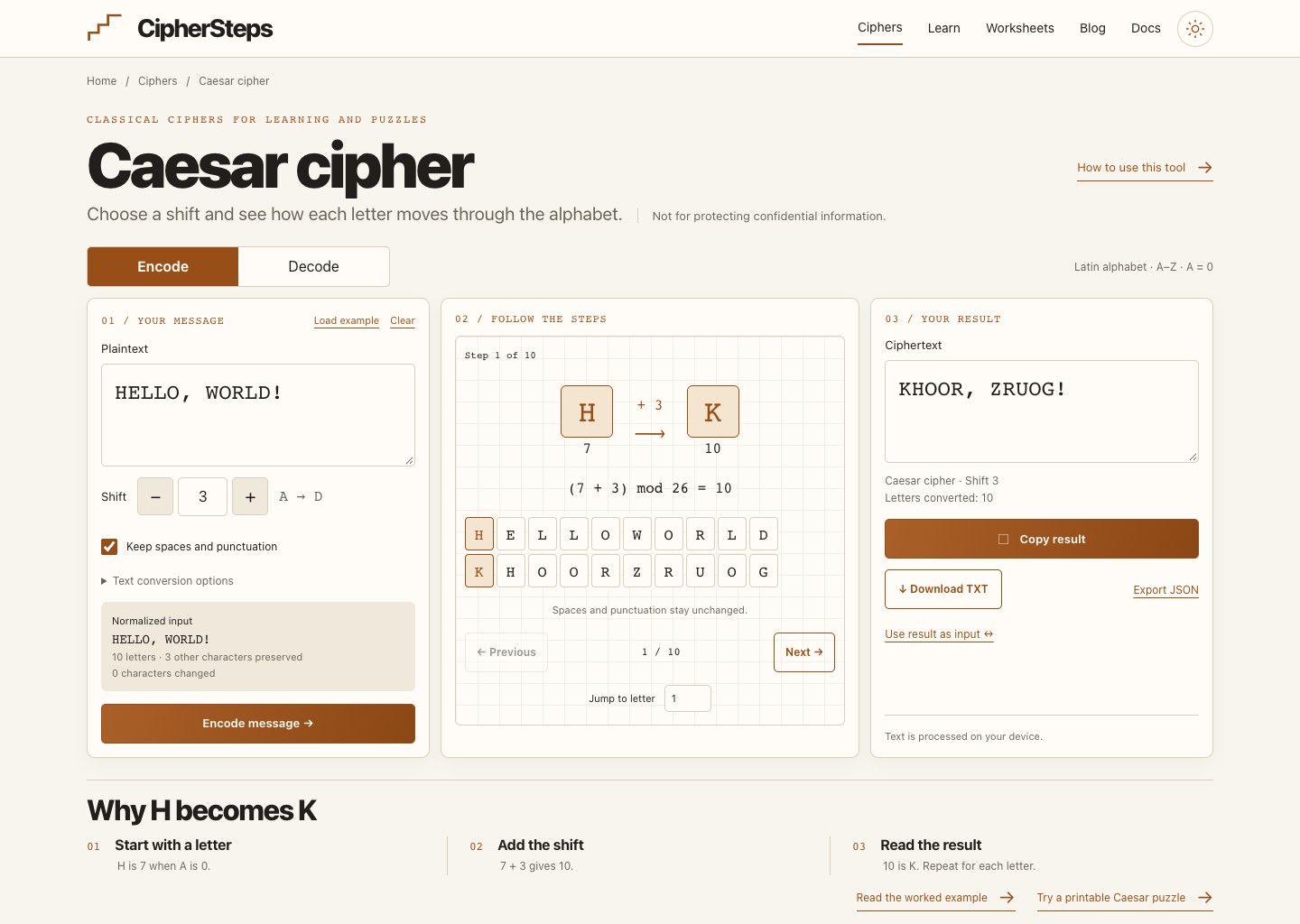 Caesar tool with HELLO, WORLD!, shift 3, the H-to-K calculation, and result KHOOR, ZRUOG!.