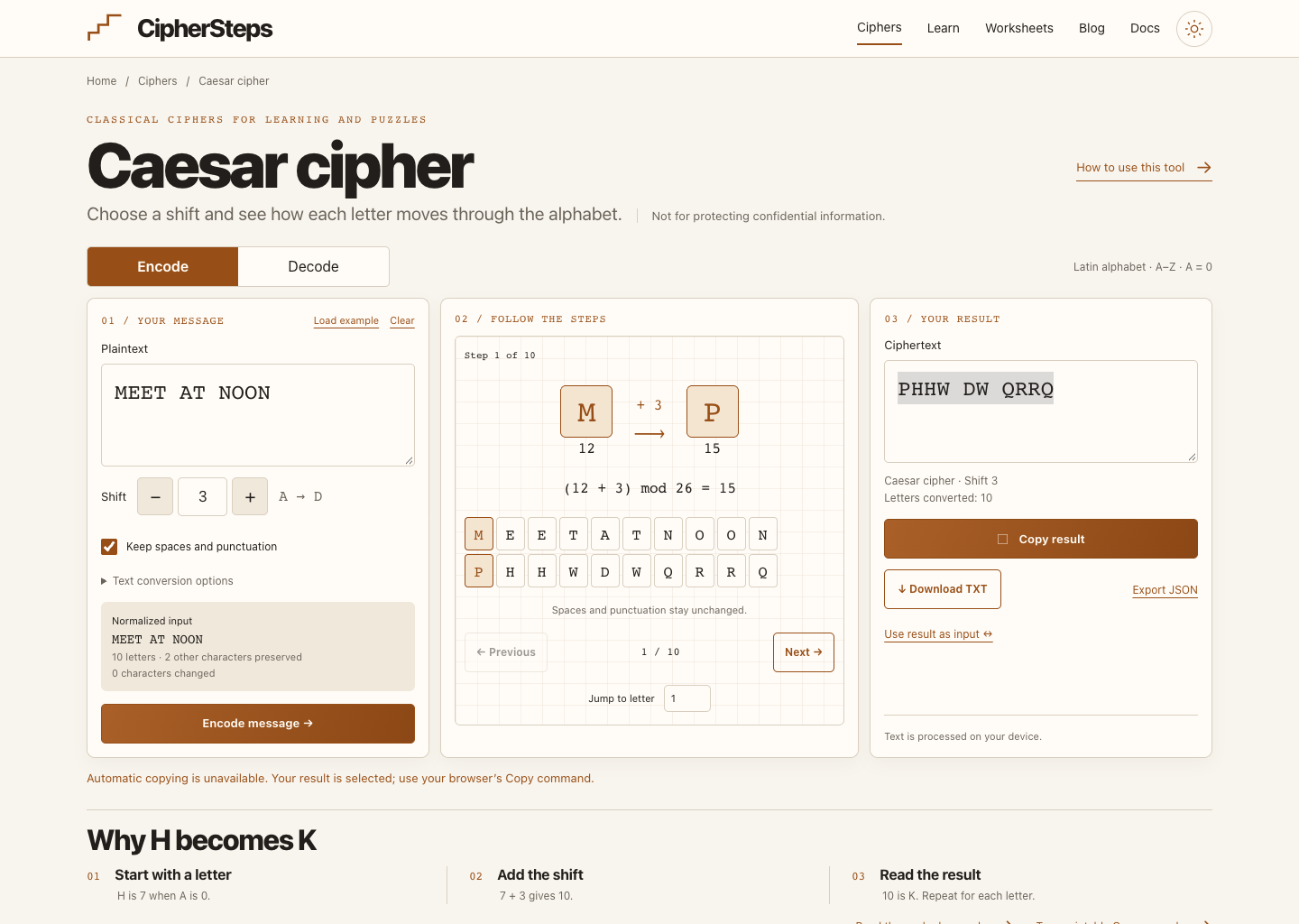 Caesar result selected for manual copying after the browser clipboard request was denied.
